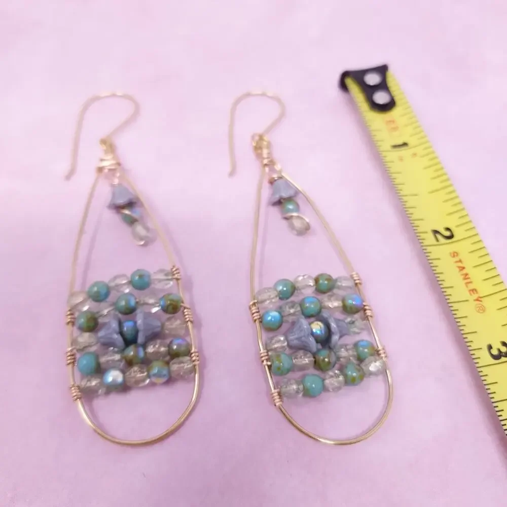 Artisan Made Hand Wired Beaded Opalescent Earrings Gold Tone Aqua Lavender 3.5